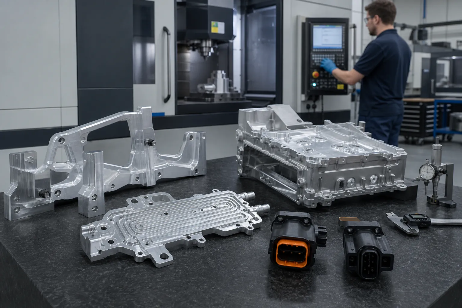 Automotive Manufacturing Solution CNC machined EV components and precision automotive brackets in manufacturing factory